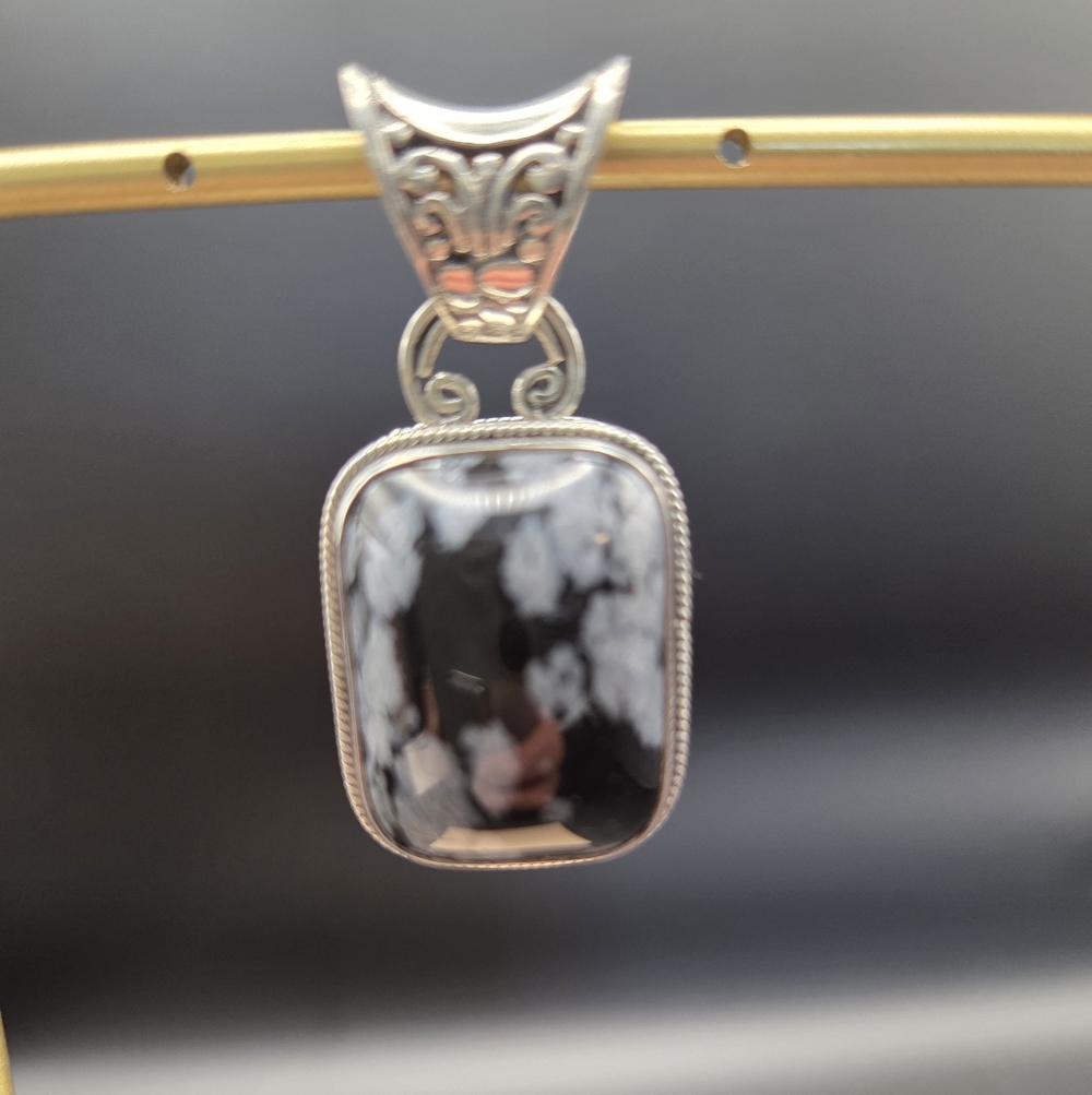 Sterling Silver Snowflake Obsidian Pendant - Picture 3 of 6